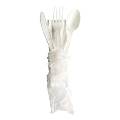 BetterEarth CPLA White Mediumweight Cutlery Kit 4 Piece Fork Knife Spoon Napkin BE-CKMW