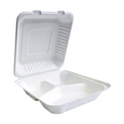 BetterEarth Sugarcane White Clamshell Hinged Container 3 Compartment 9 in x 9 in BE-FC99-3