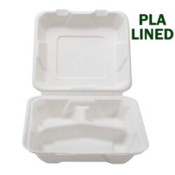 Conserveware Compostable PLA Lined Hinged 3 Compartment Container 8 in x 8 in x 2.5 in 42SHDL8S3