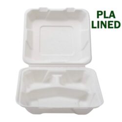 Conserveware Compostable PLA Lined Hinged 3 Compartment Container 9 in x 9 in x 3 in 42SHDL9S3