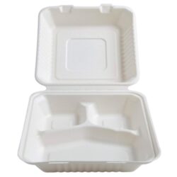 Conserveware Compostable Sugarcane Hinged 3 Compartment Container 8 in x 8 in x 3 in 42SHD8S3
