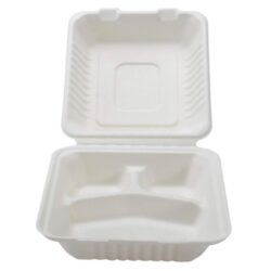 Conserveware Compostable Sugarcane Hinged 3 Compartment Container 9 in x 9 in x 3 in 42SHD9S3