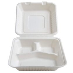 Conserveware Sugarcane Clamshell Hinged Container 3 Compartment 8 in x 8 in x 2.5 in 42SH8S3