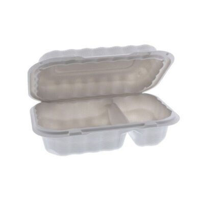 EarthChoice MFPP White Clamshell Hinged Microwavable 2 Compartment Container 9 in x 6 in x 3 in YCN809620000