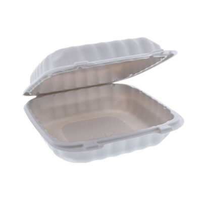EarthChoice MFPP White Clamshell Hinged Microwavable Container 8 in x 8 in x 3 in YCN808010000
