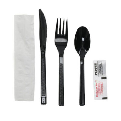EarthChoice PP Black Cutlery Kit 4 Piece Wrapped Fork Knife Spoon Napkin Salt Pepper YGKFSKENSP