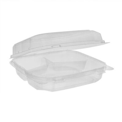 EarthChoice rPET Clear Clamshell Hinged 3 Compartment Container 8 in x 8 in x 3 in 0CASH11230000