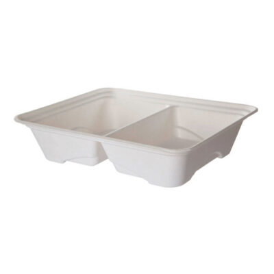 Eco Products Sugarcane White 2 Compartment Half Pan Tray 45 oz 13 in x 10 in x 3 in EP-SCTR13102