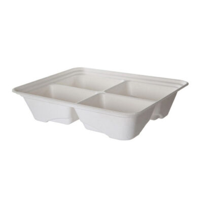 Eco Products Sugarcane White 4 Compartment Half Pan Tray 20 oz 13 in x 10 in x 3 in EP-SCTR13104
