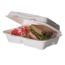 Eco Products Sugarcane White Clamshell Hinged 2 Compartment Container 9 in x 6 in x 2.5 in EP-B002