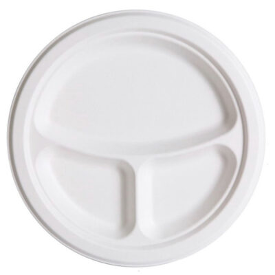 Eco Products Sugarcane White Round 3 Compartment Plate 10 in EP-P007