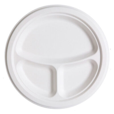 Eco Products Sugarcane White Round 3 Compartment Plate 9 in EP-P093