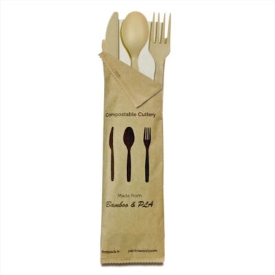 PacknWood Bag CPLA Beige Cutlery Kit 4 Piece Fork Knife Spoon Napkin 6 in 210CVPLK416BB
