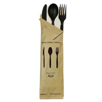 PacknWood Bag CPLA Black Cutlery Kit 4 Piece Fork Knife Spoon Napkin 6 in 210CVPLK416N