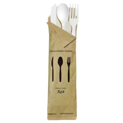 PacknWood Bag CPLA White Cutlery Kit 4 Piece Fork Knife Spoon Napkin 6 in 210CVPLK416W