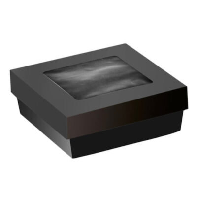 PacknWood Paper Black Window Lid Bakeable Kray Box 22 oz 4.7 in x 4.7 in x 2 in 210KRAYBAK135
