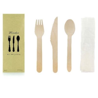 PacknWood Wood Cutlery Kit 4 Piece Fork Knife Spoon Napkin 6.2 in 210COUVB4K